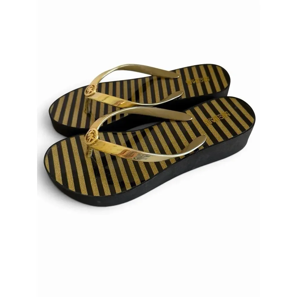 Michael Kors MK Platform Flip Flops Black Gold Striped Sandals Womens Sz 8